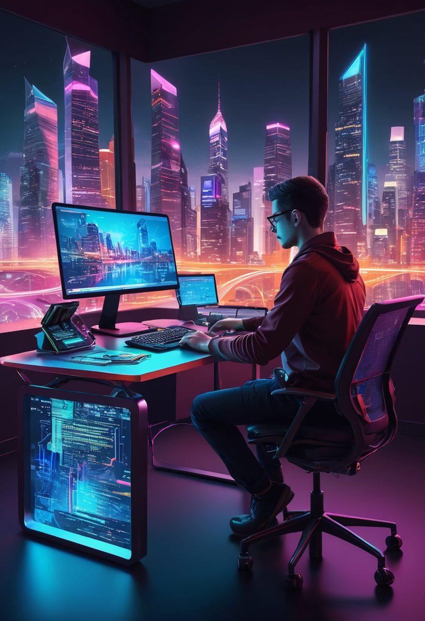 A young developer sitting at a modern, ergonomic desk, surrounded by code snippets, HTML tags, and SEO keywords swirling around in a dynamic, colorful environment. The backdrop showcases a cityscape composed of interconnected digital networks, symbolizing online projects. The developer's computer screen displays a web page in progress with SEO analytics popping up. Cyberpunk. vibrant colors. 3D.
