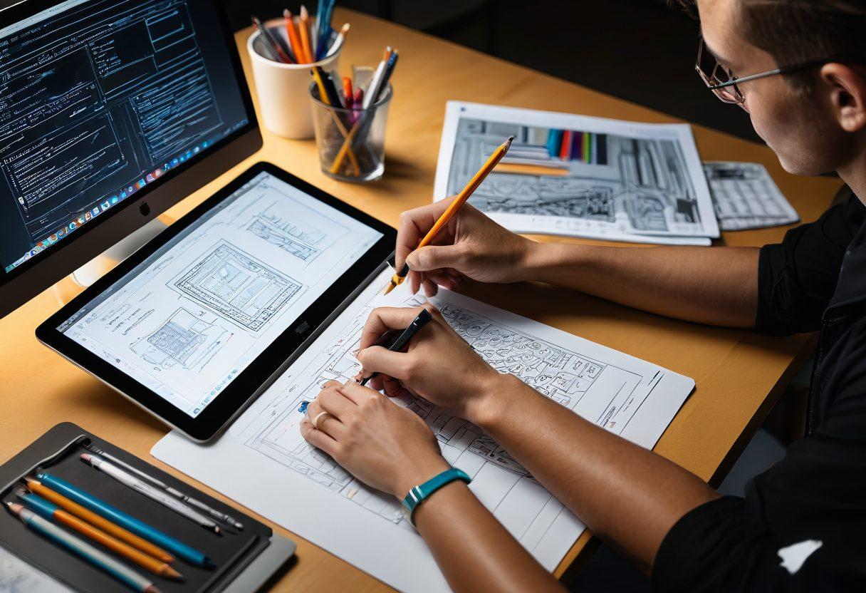 A dynamic scene of a person at a desk, sketching website designs on paper, with a laptop displaying code, and a tablet showing a colorful website layout. Surrounding them are creative tools like pencils, rulers, and coffee. The background shows a futuristic digital interface, hinting at the launch of the website. vibrant colors, super-realistic.