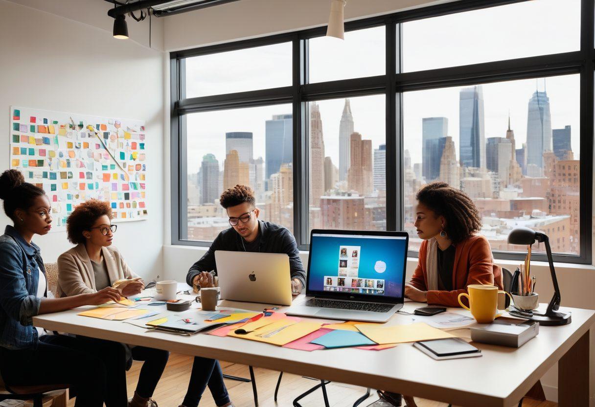 A diverse group of people enthusiastically working on laptops and sketchpads, surrounded by icons of coding, design tools, and lightbulb ideas, on a desk filled with coffee mugs and sticky notes. A backdrop of a vibrant cityscape through a large window, symbolizing boundless possibilities. super-realistic. vibrant colors. white background.